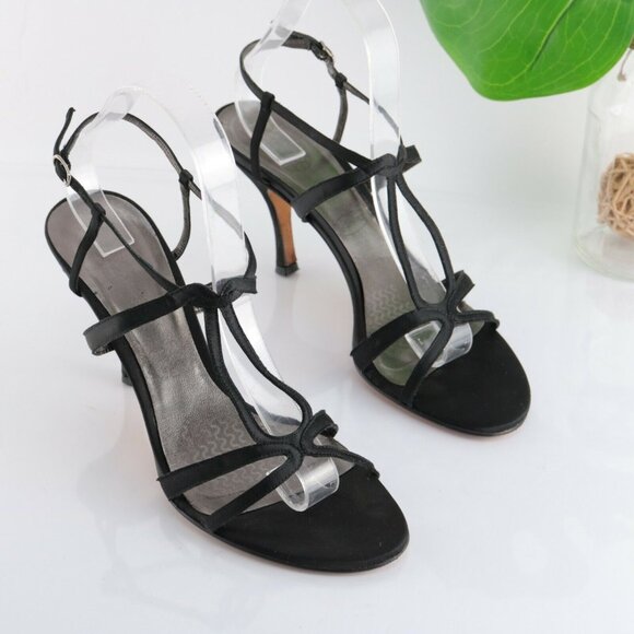 Faconnable Womens Sandal Size 10 Black Satin Strappy Caged High Heel Dress Shoe - Picture 2 of 12